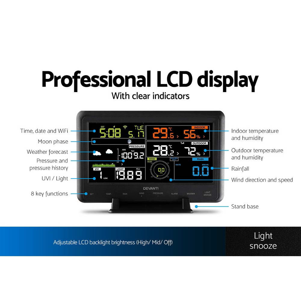 Devanti Wireless Weather Station LCD Solar Sensor WiFi UV Light