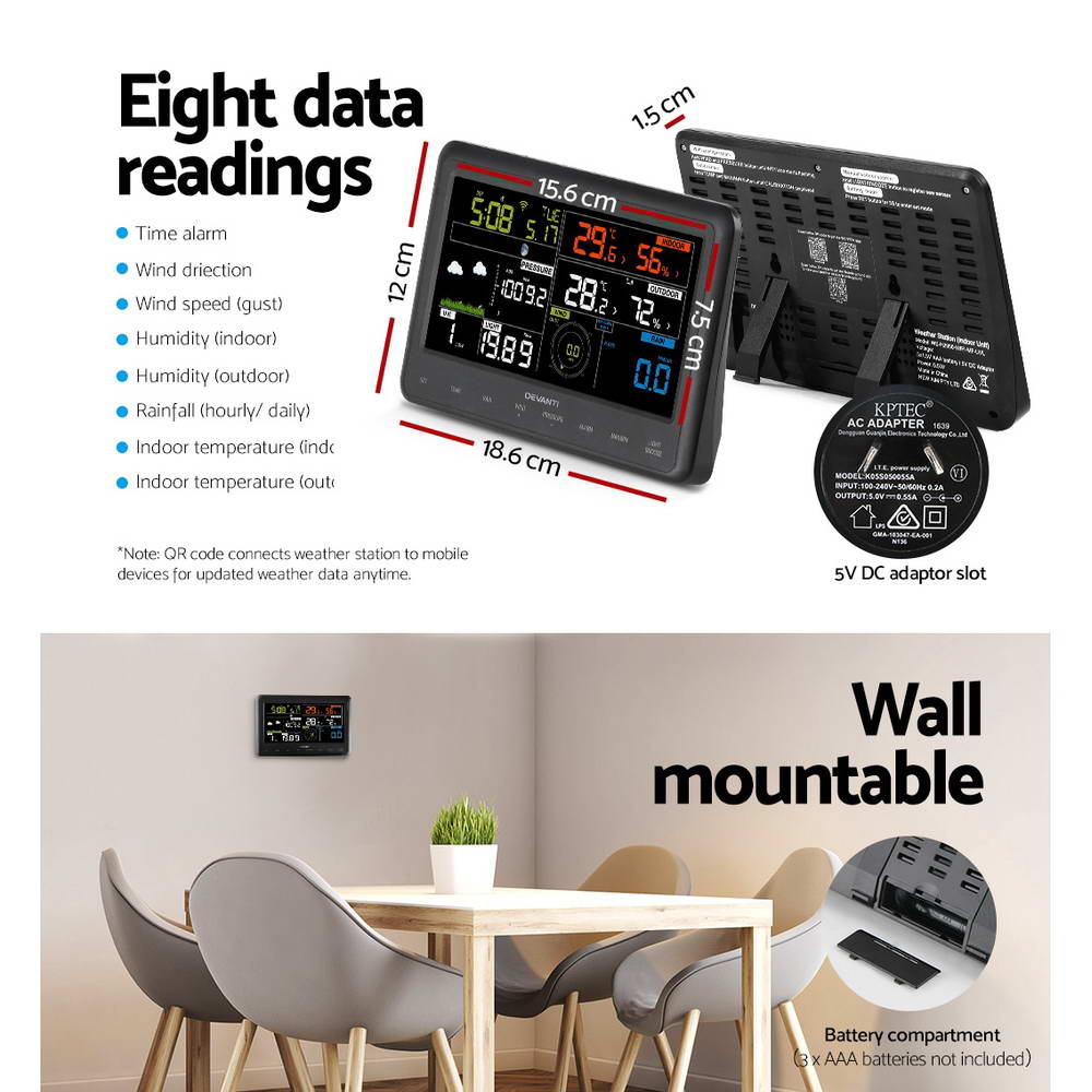 Devanti Wireless Weather Station LCD Solar Sensor WiFi UV Light