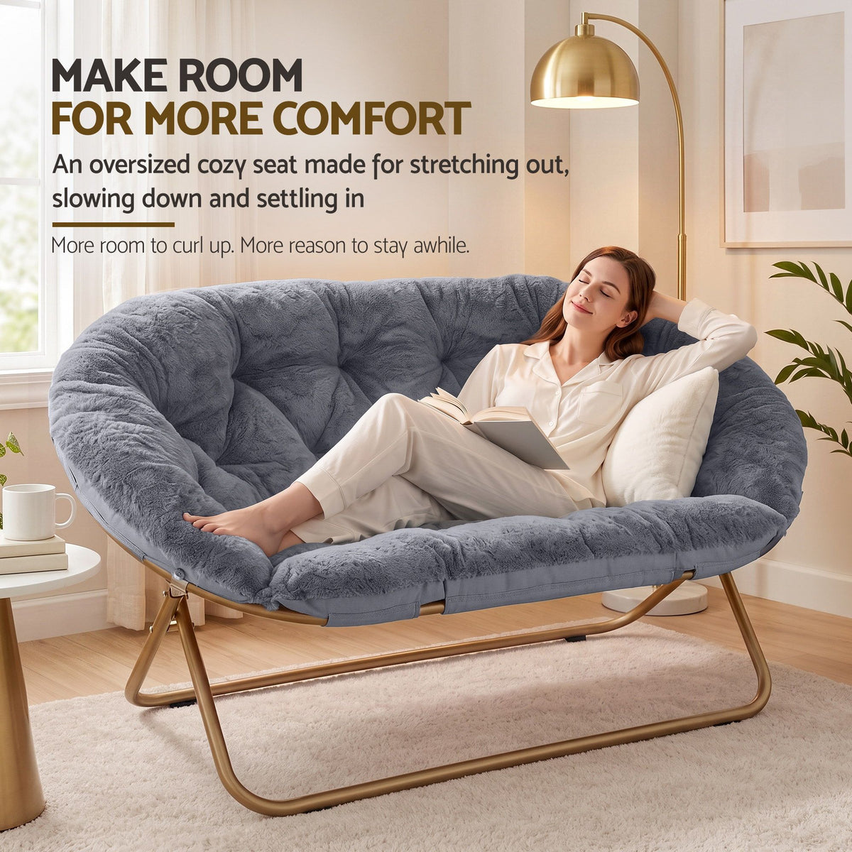 Artiss Double Saucer Chair Soft Faux Fur Lounge Foldable Oversize Chair for Bedroom Grey
