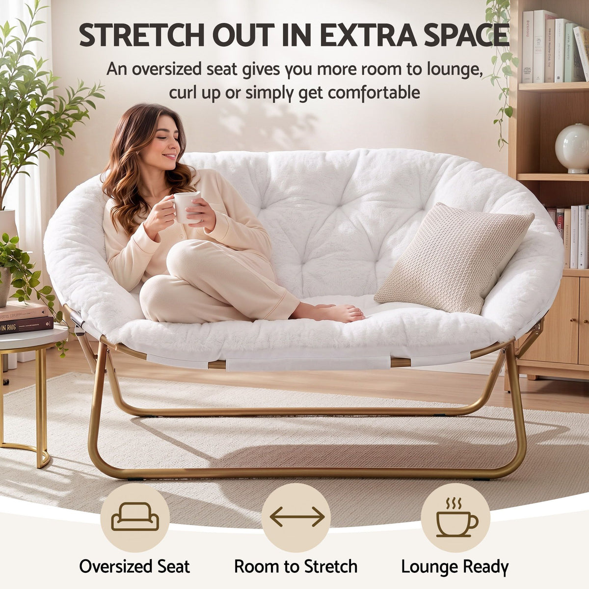 Artiss Double Saucer Chair Faux Fur Foldable Lounge White