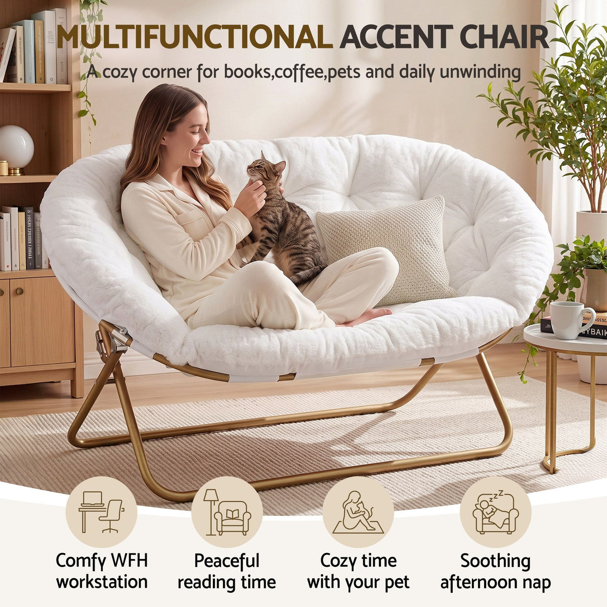 Artiss Double Saucer Chair Faux Fur Foldable Lounge White