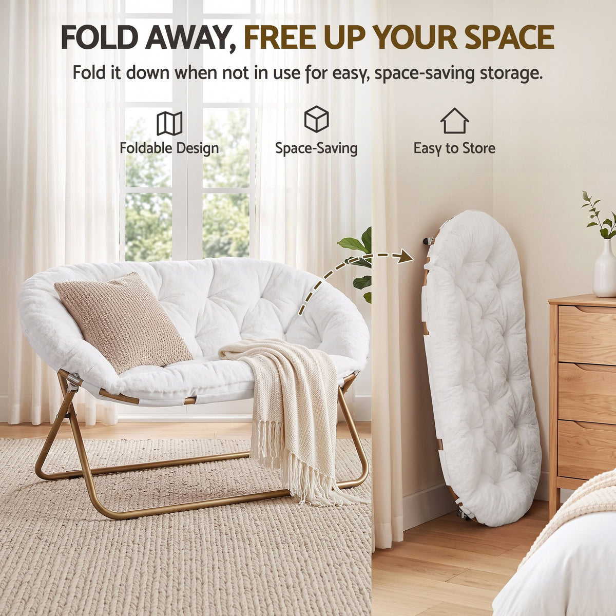 Artiss Double Saucer Chair Soft Faux Fur Lounge Foldable Oversize Chair for Bedroom White