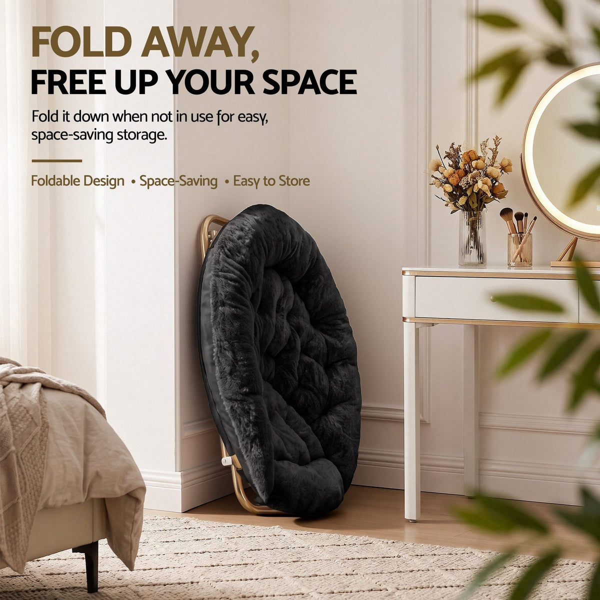 Artiss Saucer Chair Faux Fur Folding Accent Chair Black