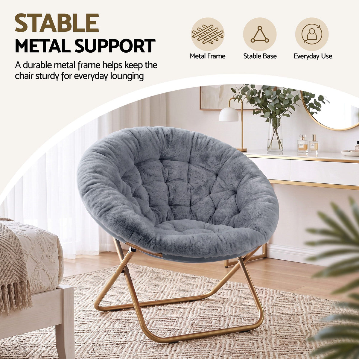 Artiss Cozy Saucer Chair Soft Faux Fur Folding Accent Chair for Bedroom Grey