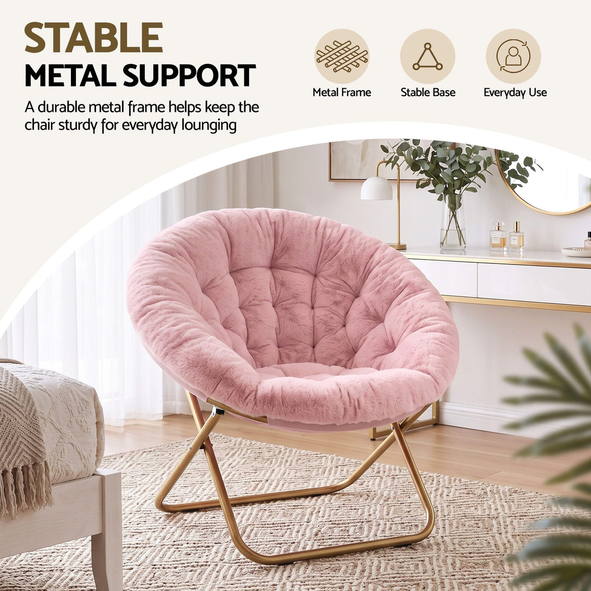 Artiss Cozy Saucer Chair Soft Faux Fur Folding Accent Chair for Bedroom Pink