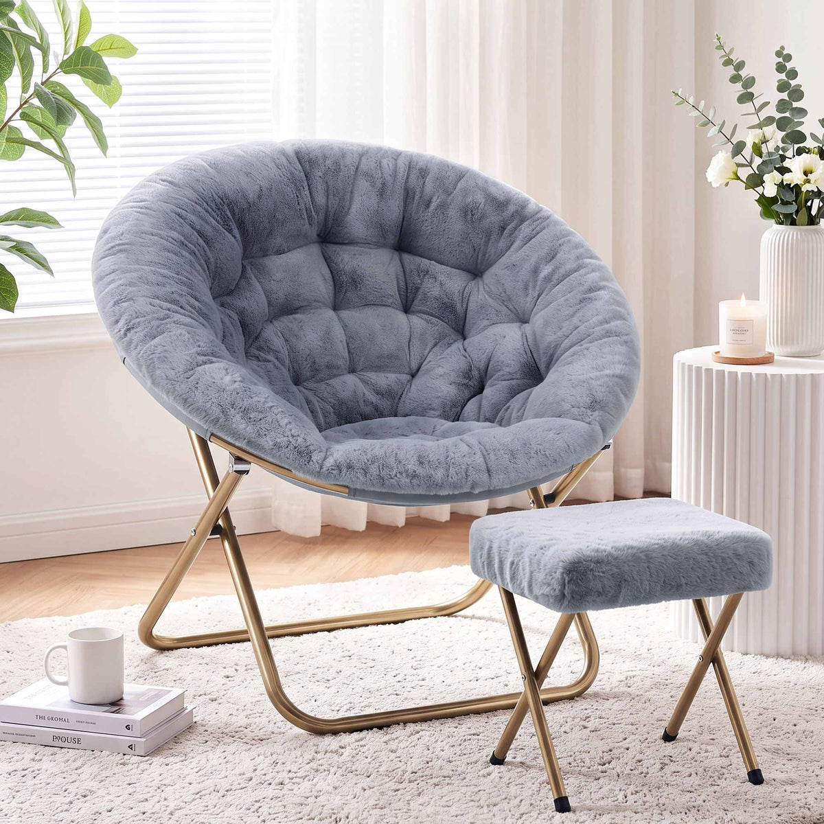 Artiss Comfy Saucer Chair Soft Faux Fur Foldable Accent Chair with Ottoman Grey