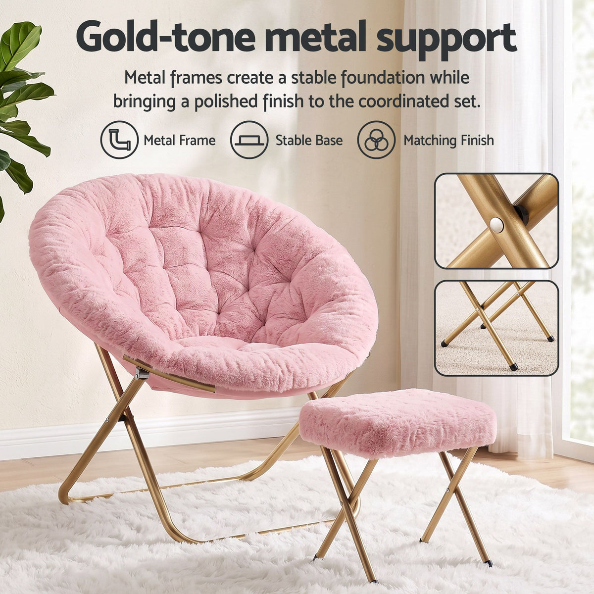 Artiss Comfy Saucer Chair Soft Faux Fur Foldable Accent Chair with Ottoman Pink