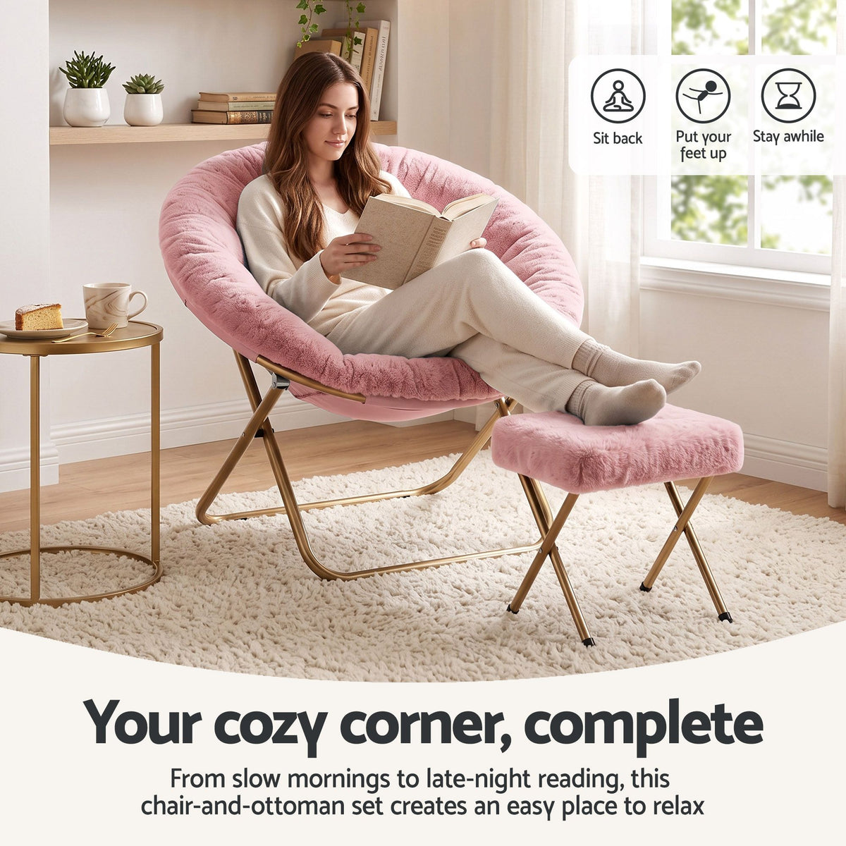 Artiss Comfy Saucer Chair Soft Faux Fur Foldable Accent Chair with Ottoman Pink