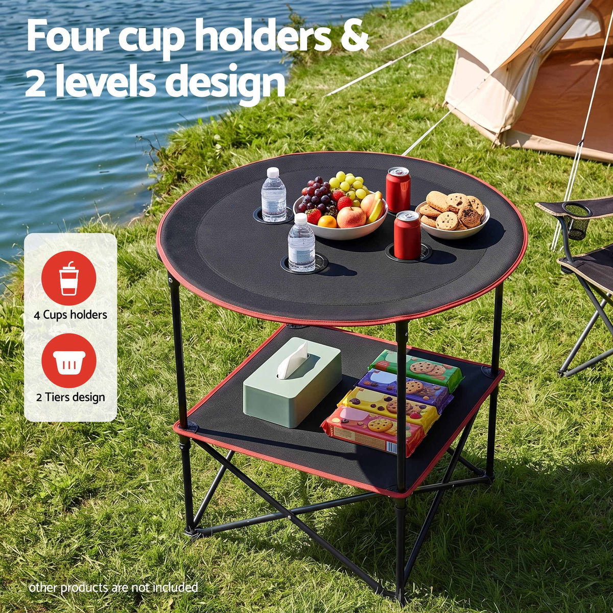 Weisshorn Folding Camping Table with 4 Cup Holders Metal Oxford 73CM Black