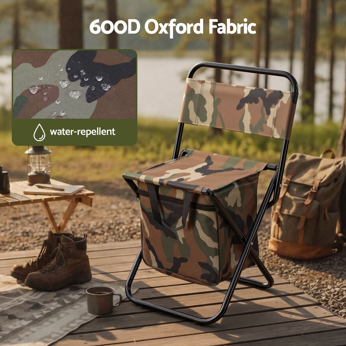 Weisshorn Camping Chair with Storage Bag 600D Oxford Iron Camo 60CM