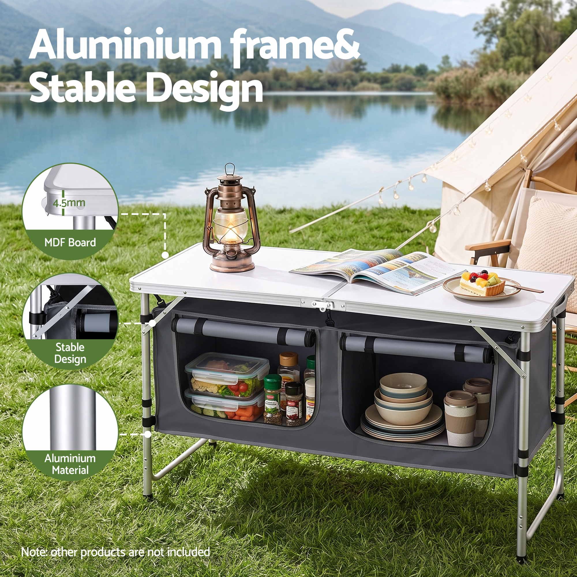 Weisshorn Camping Table Adjustable Storage Cabinet Aluminum MDF 120cm Grey