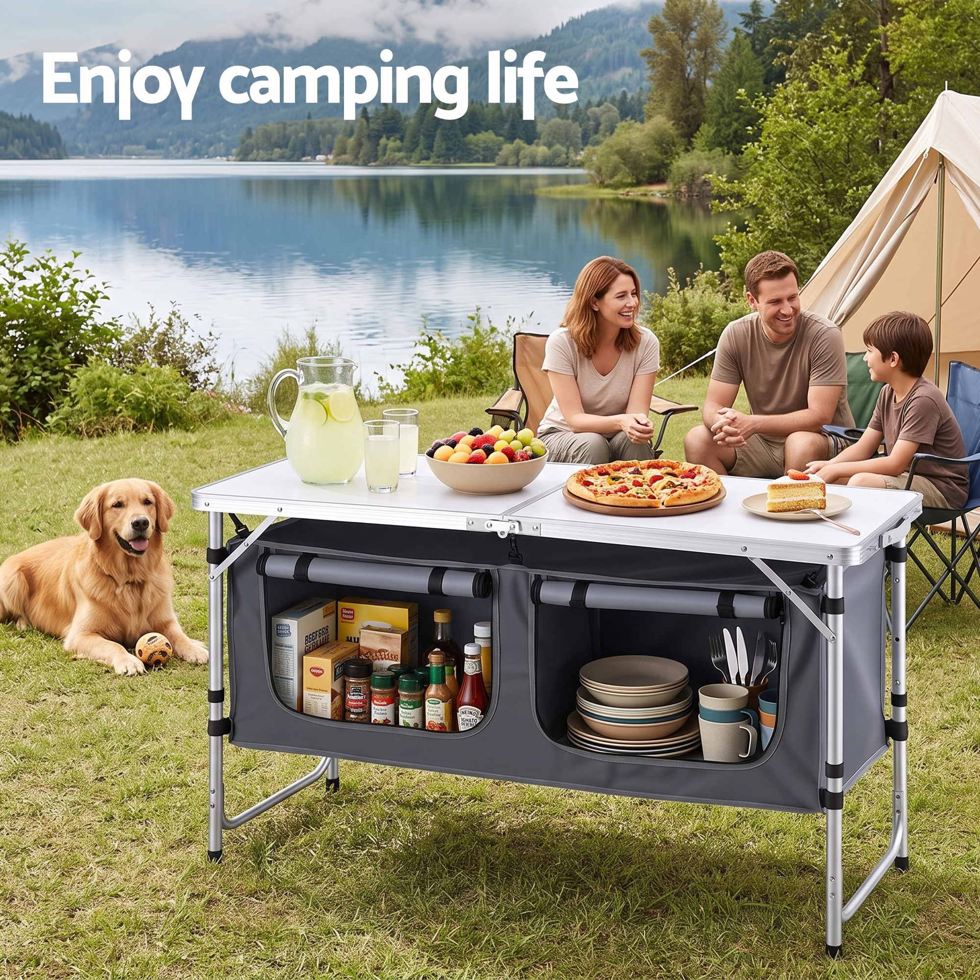 Weisshorn Camping Table Adjustable Storage Cabinet Aluminum MDF 120cm Grey