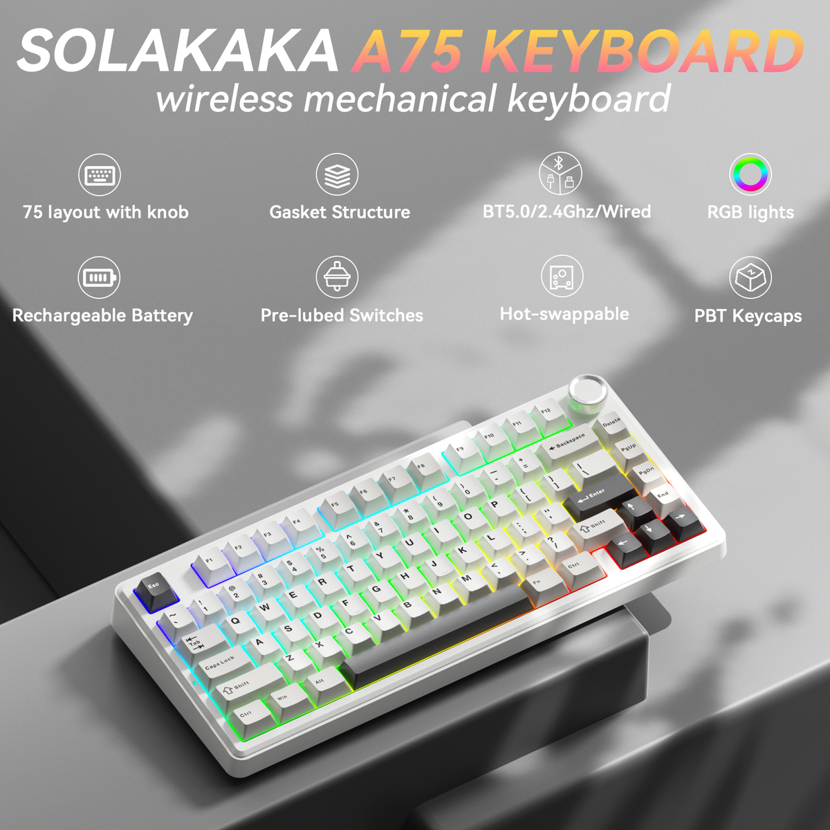 SOLAKAKA A75 75% Gasket Mechanical Keyboard Tri-Mode Hot-Swap Knob