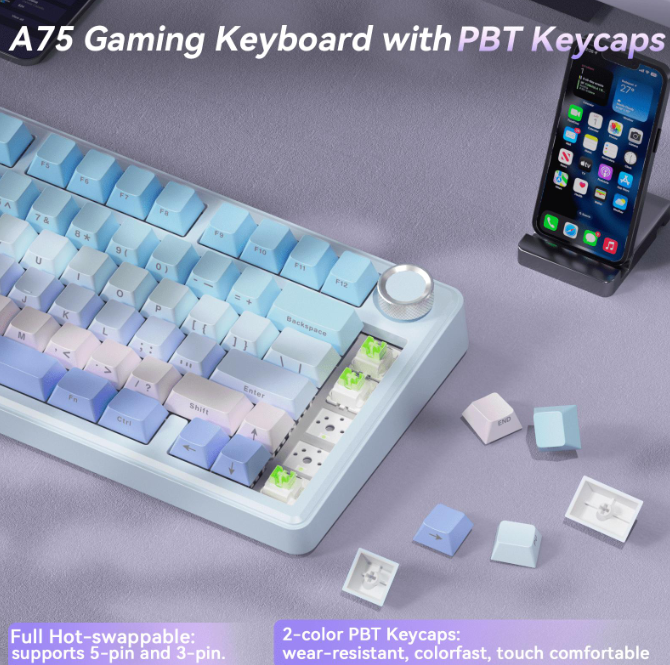 SOLAKAKA A75 75% Gasket Mechanical Keyboard Tri-Mode Hot-Swap Knob