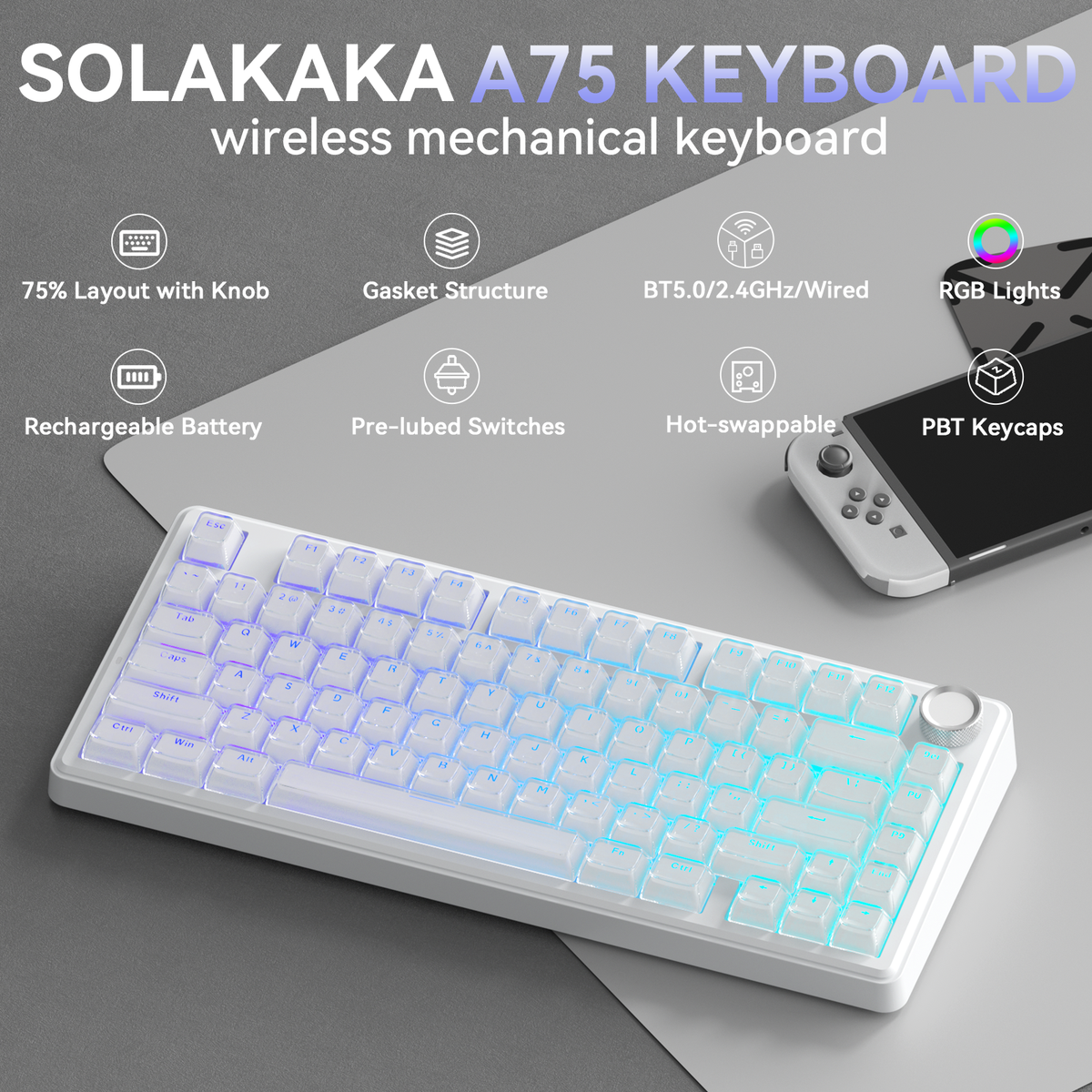 SOLAKAKA A75 75% Gasket Mechanical Keyboard Tri-Mode Hot-Swap Knob