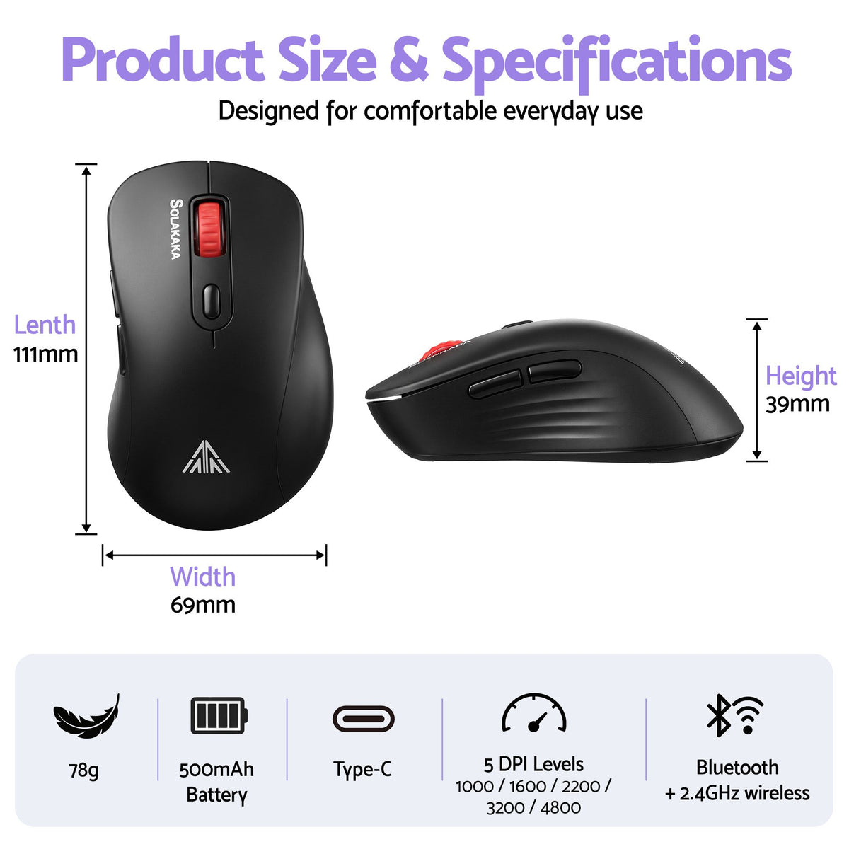 SOLAKAKA SM66 Silent Wireless Mouse Bluetooth 2.4GHz 7 Buttons