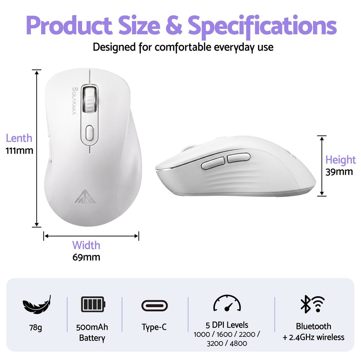 SOLAKAKA SM66 Silent Wireless Mouse Bluetooth 2.4GHz 4200 DPI