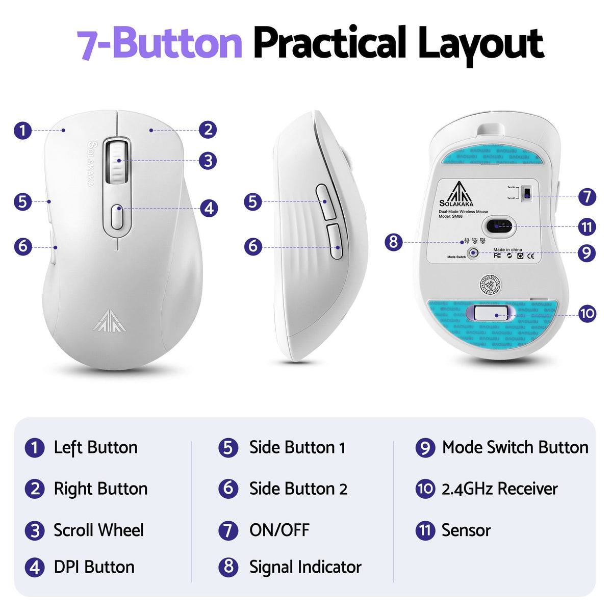 SOLAKAKA SM66 Silent Wireless Mouse Bluetooth 2.4GHz 4200 DPI