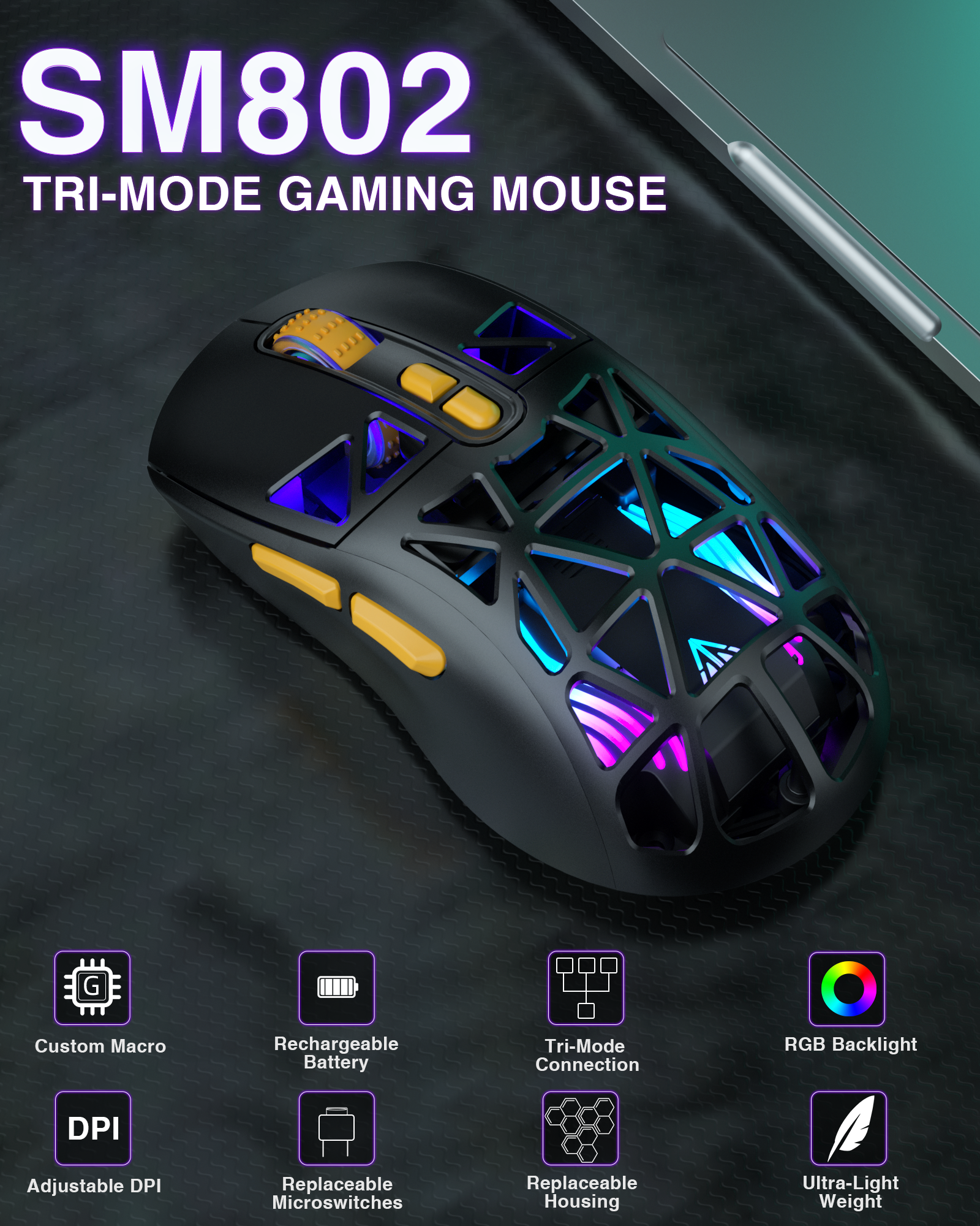 SOLAKAKA SM802 Pro Tri-Mode Gaming Mouse RGB 24000 DPI Hotswap