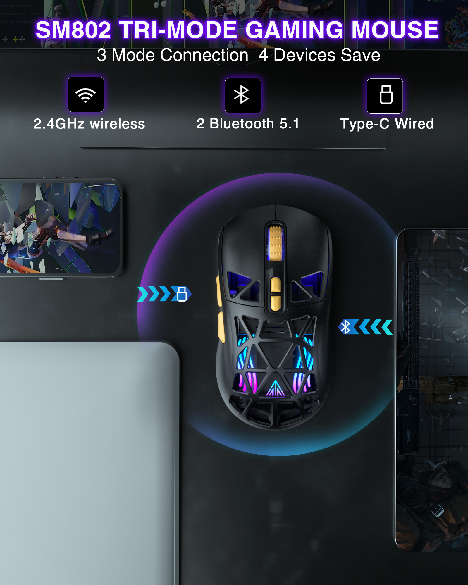 SOLAKAKA SM802 Pro Tri-Mode Gaming Mouse RGB 24000 DPI Hotswap
