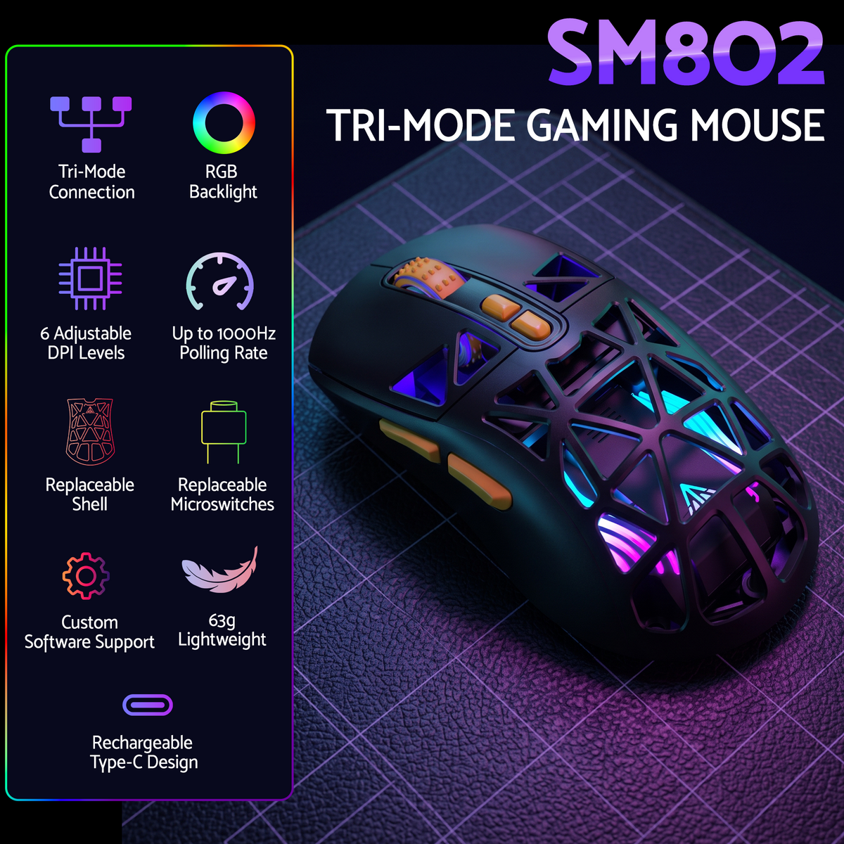SM802 Pro Tri-Mode Gaming Mouse RGB 24000 DPI Hotswap