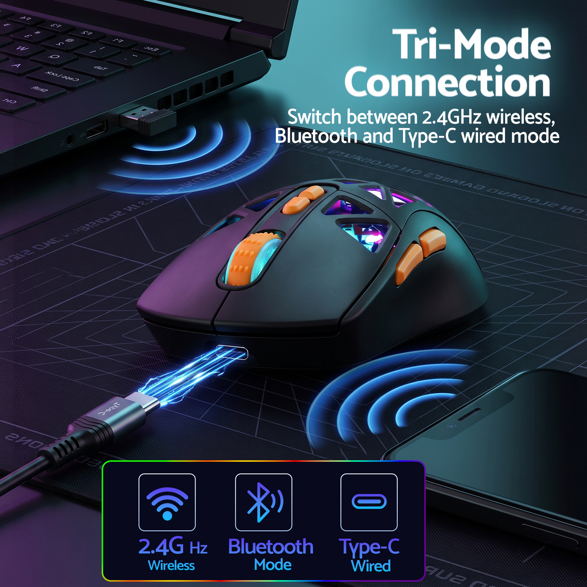 SM802 Pro Tri-Mode Gaming Mouse RGB 24000 DPI Hotswap