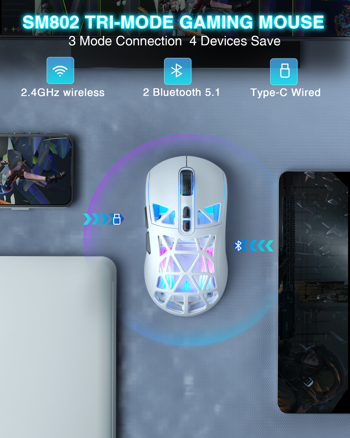SOLAKAKA SM802 Pro Tri-Mode Gaming Mouse RGB 24000 DPI Hotswap