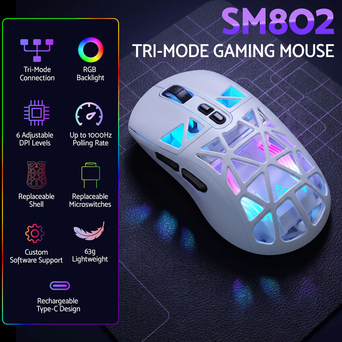 SM802 Pro Tri-Mode Gaming Mouse RGB 24000 DPI Hotswap