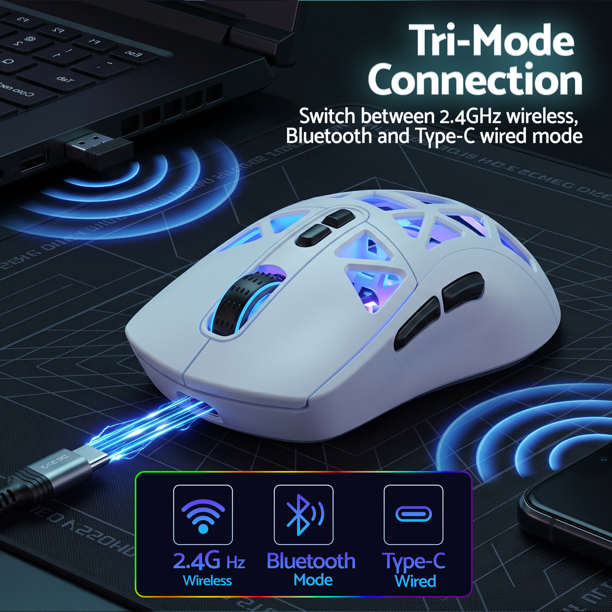 SM802 Pro Tri-Mode Gaming Mouse RGB 24000 DPI Hotswap