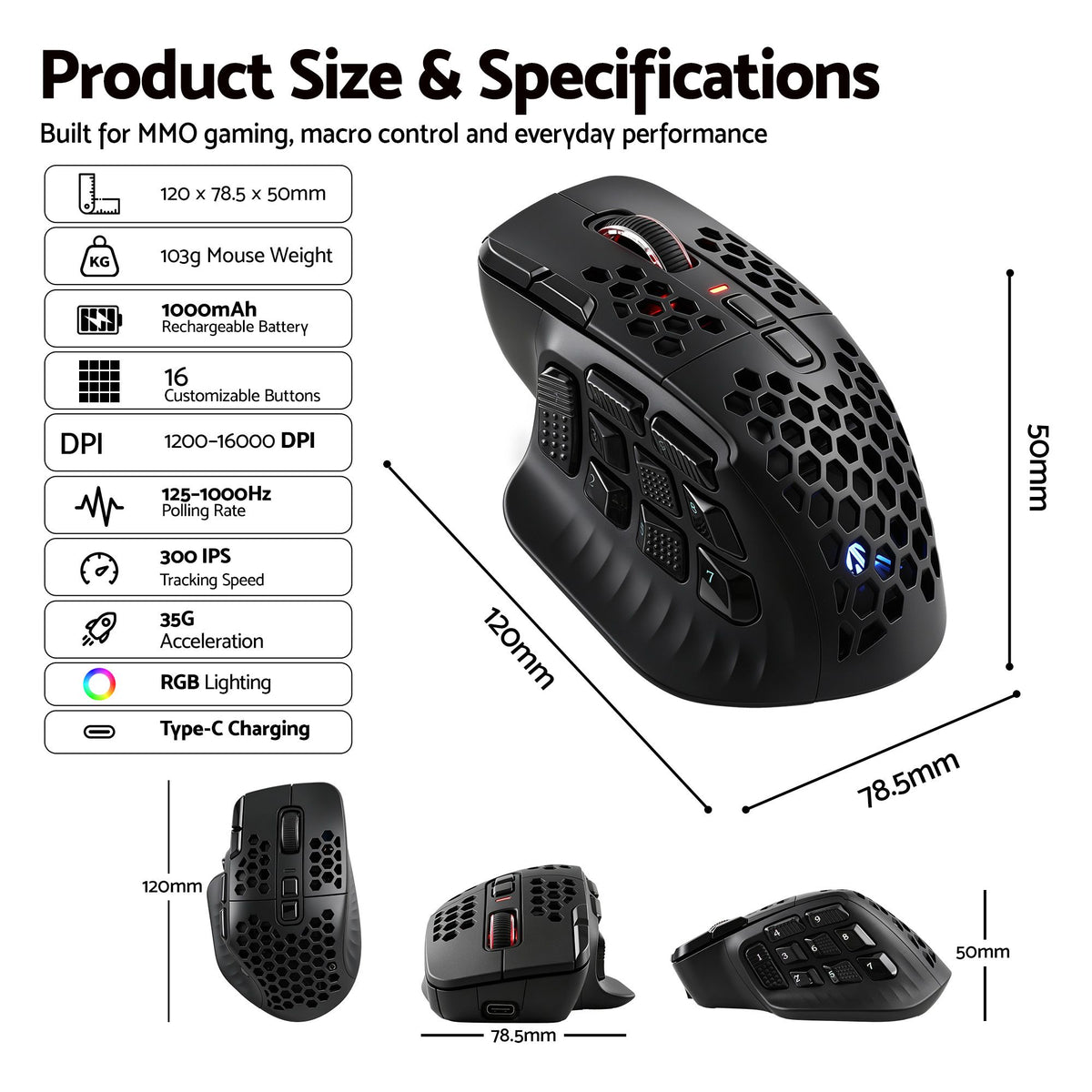 SM809 Pro Wireless MMO Gaming Mouse 16 Buttons 24000 DPI RGB