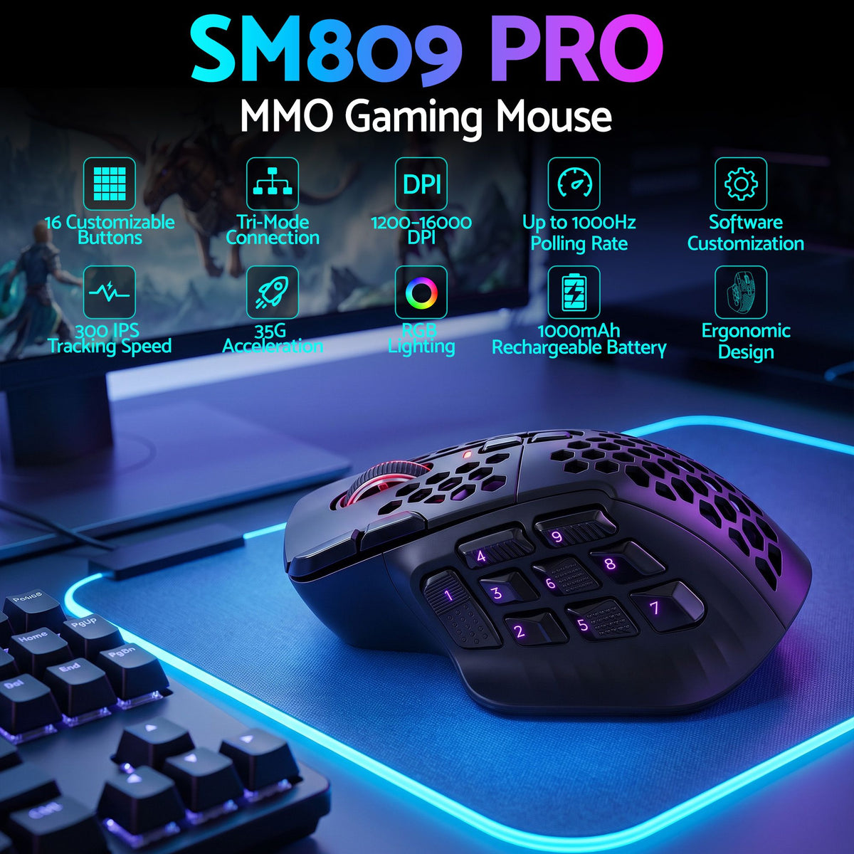 SM809 Pro Wireless MMO Gaming Mouse 16 Buttons 24000 DPI RGB