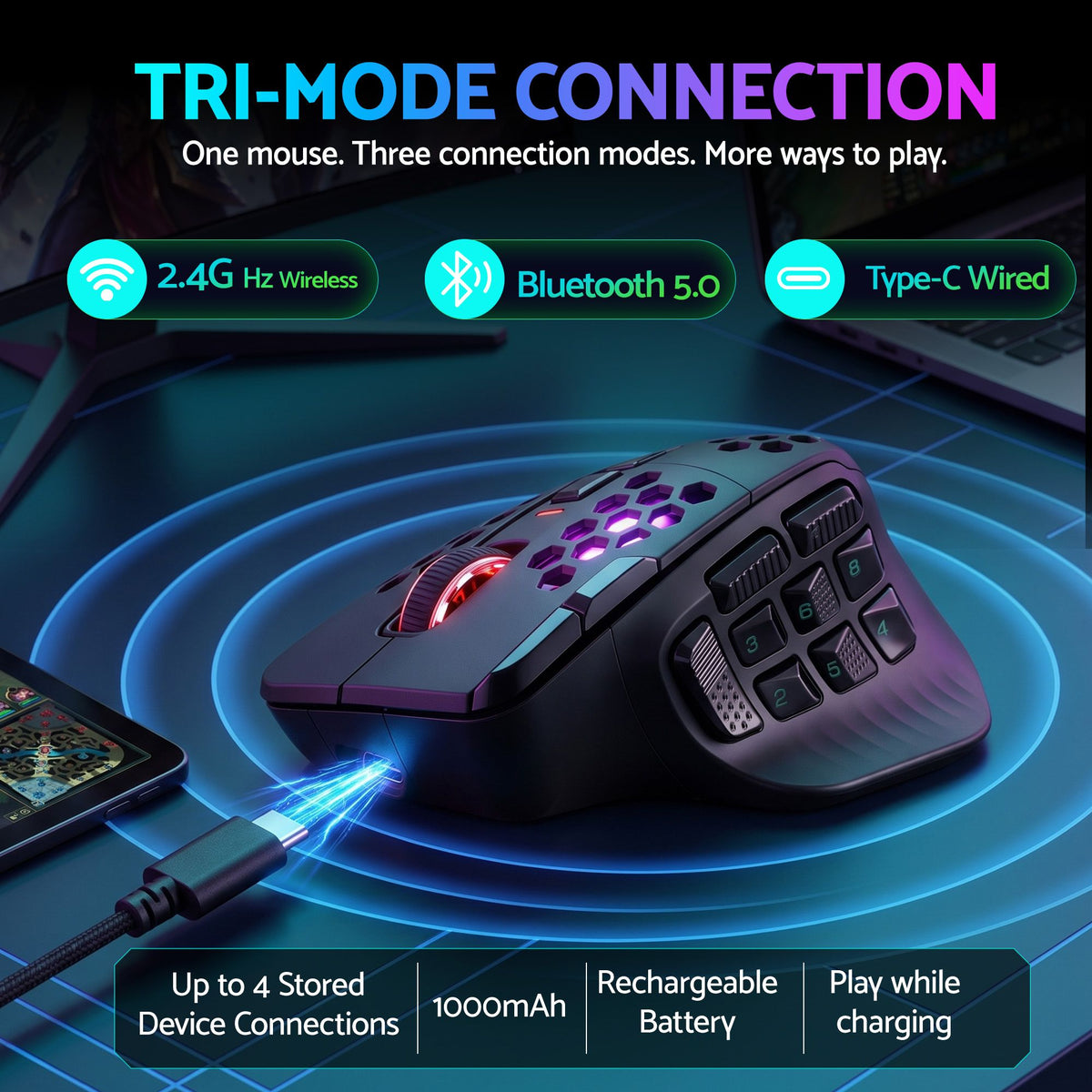 SM809 Pro Wireless MMO Gaming Mouse 16 Buttons 24000 DPI RGB