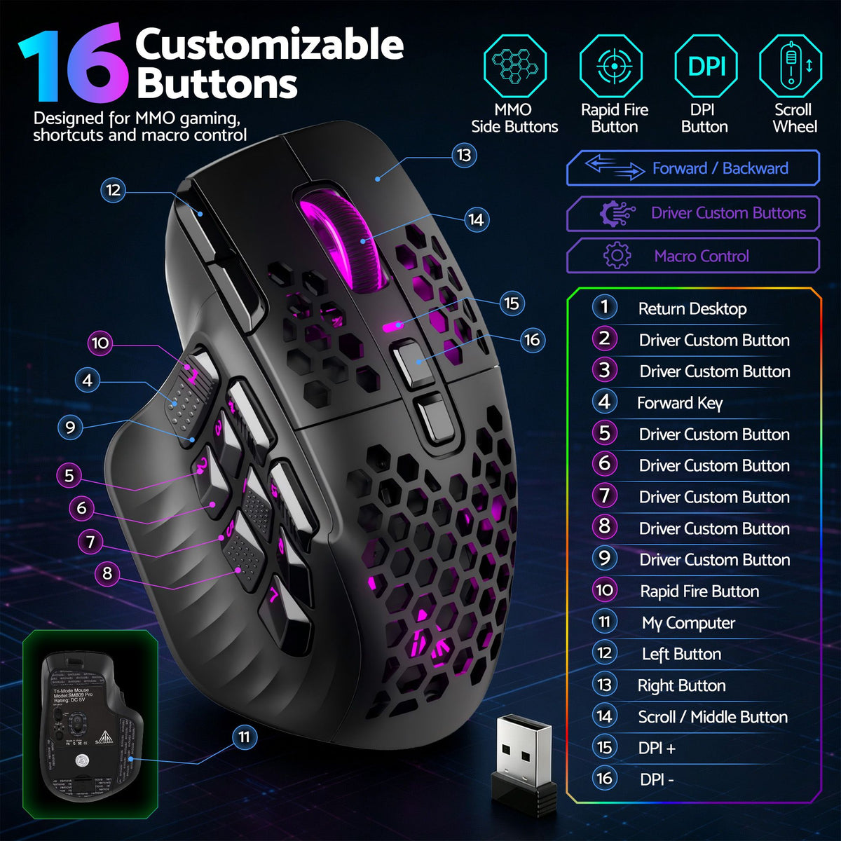 SM809 Pro Wireless MMO Gaming Mouse 16 Buttons 24000 DPI RGB