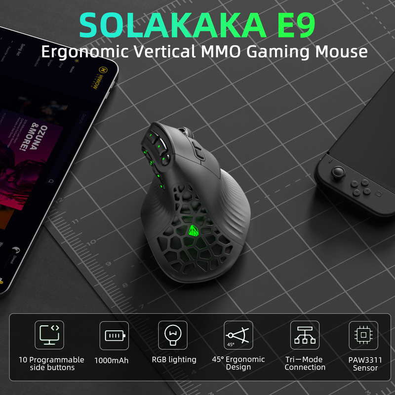 SOLAKAKA E9 Vertical MMO Gaming Mouse Tri-Mode 36000 DPI Ergonomic