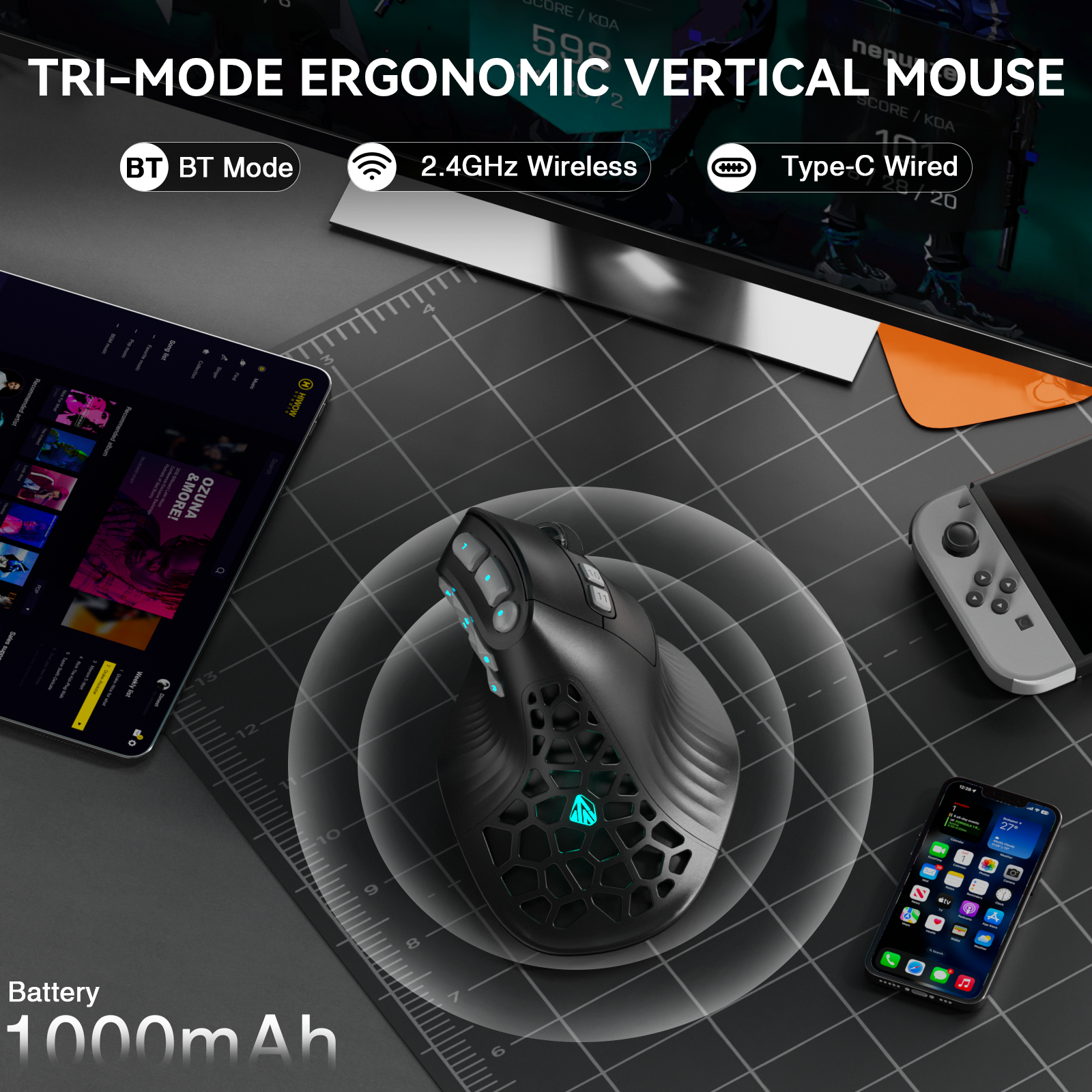 SOLAKAKA E9 Pro Vertical MMO Mouse Tri-Mode 36000 DPI 8000Hz PAW3395