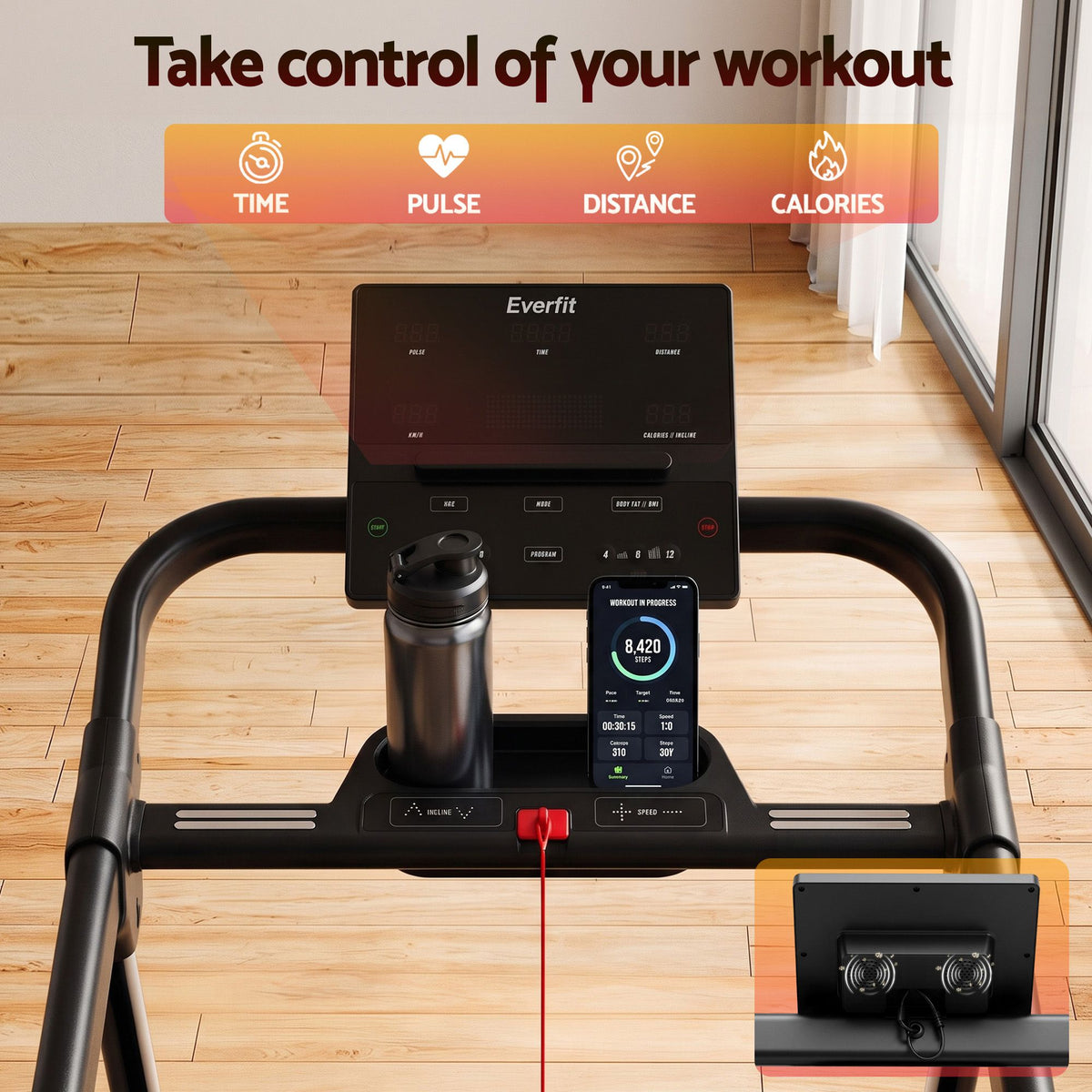 Everfit 3in1 Electric Treadmill with 15-Level Auto Incline Treadmills for Home Gym Foldable 460mm Black