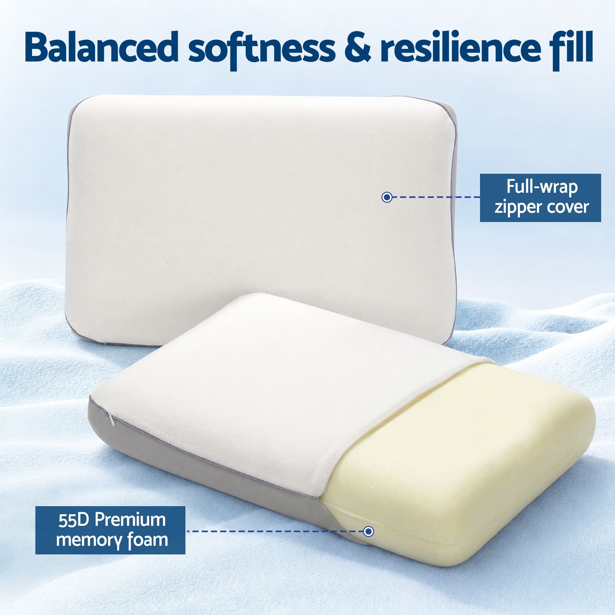 RoomSense Cooling Memory Foam Pillows Queen Size 1 Pack, Dual-Sided Bed Pillows for Hot Sleepers, 55D Solid Core Side Sleeper Pillow for Neck Support, Washable, 65x40x14cm