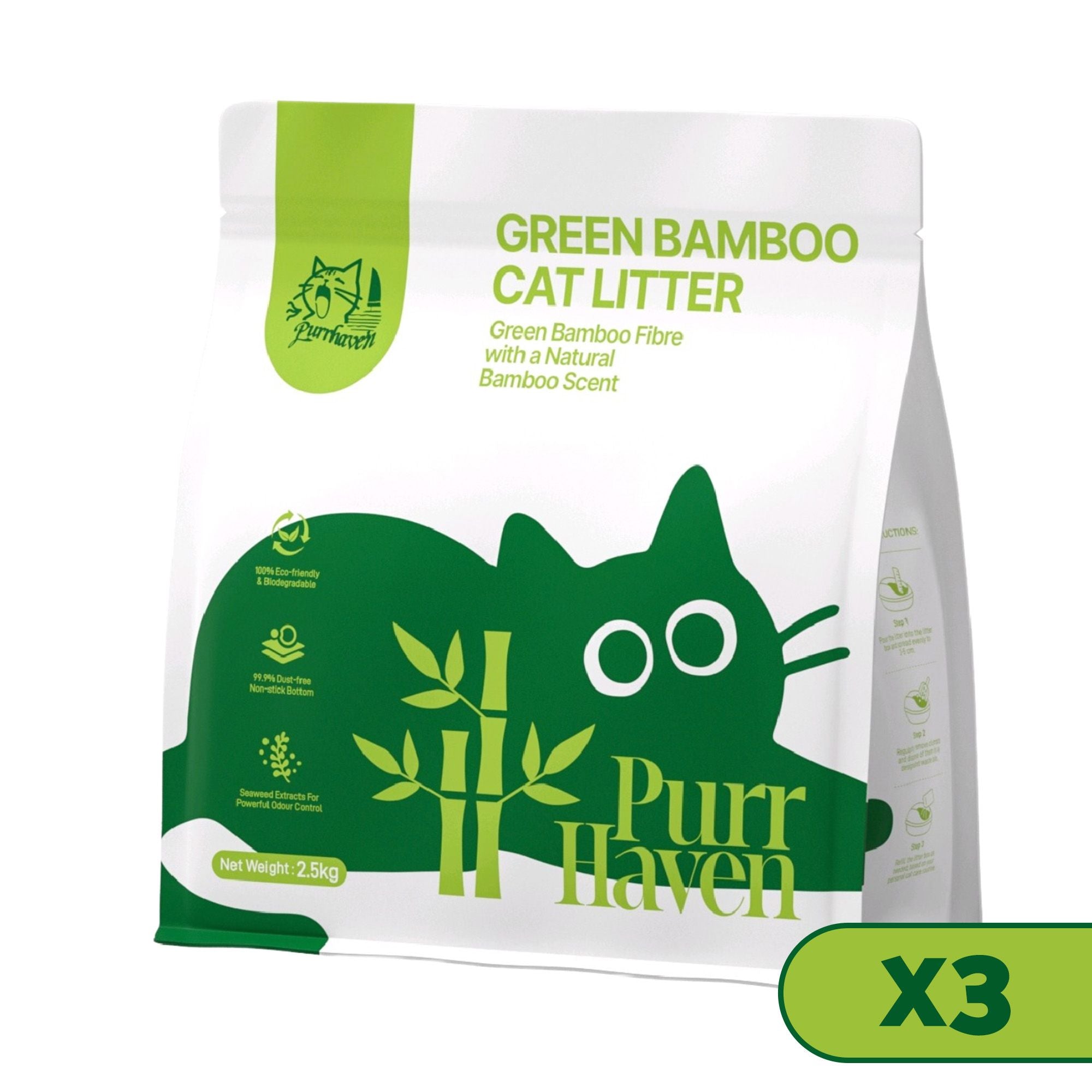 PurrHaven Bamboo Clumping Cat & Kitty Litter, 7.5kg 3 Pack ,Dust Free,Natural Flusable,Easy to Clean,Odour Neutraliser,Rapid Liquid Absorption,Non-Toxic Formula