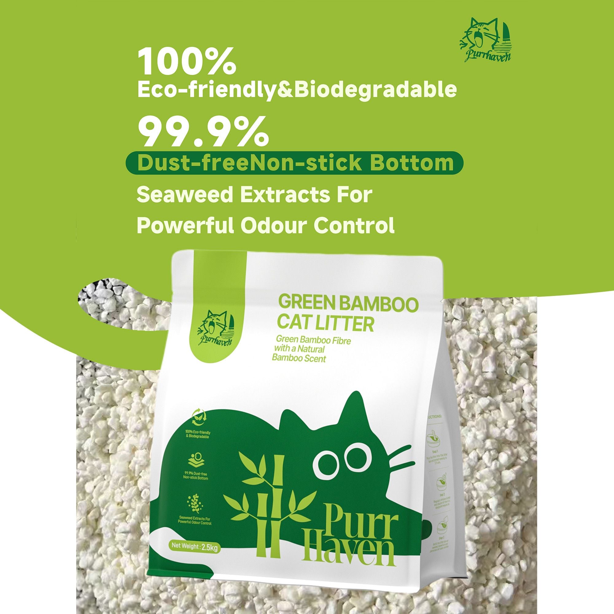 PurrHaven Bamboo Clumping Cat & Kitty Litter, 7.5kg 3 Pack ,Dust Free,Natural Flusable,Easy to Clean,Odour Neutraliser,Rapid Liquid Absorption,Non-Toxic Formula