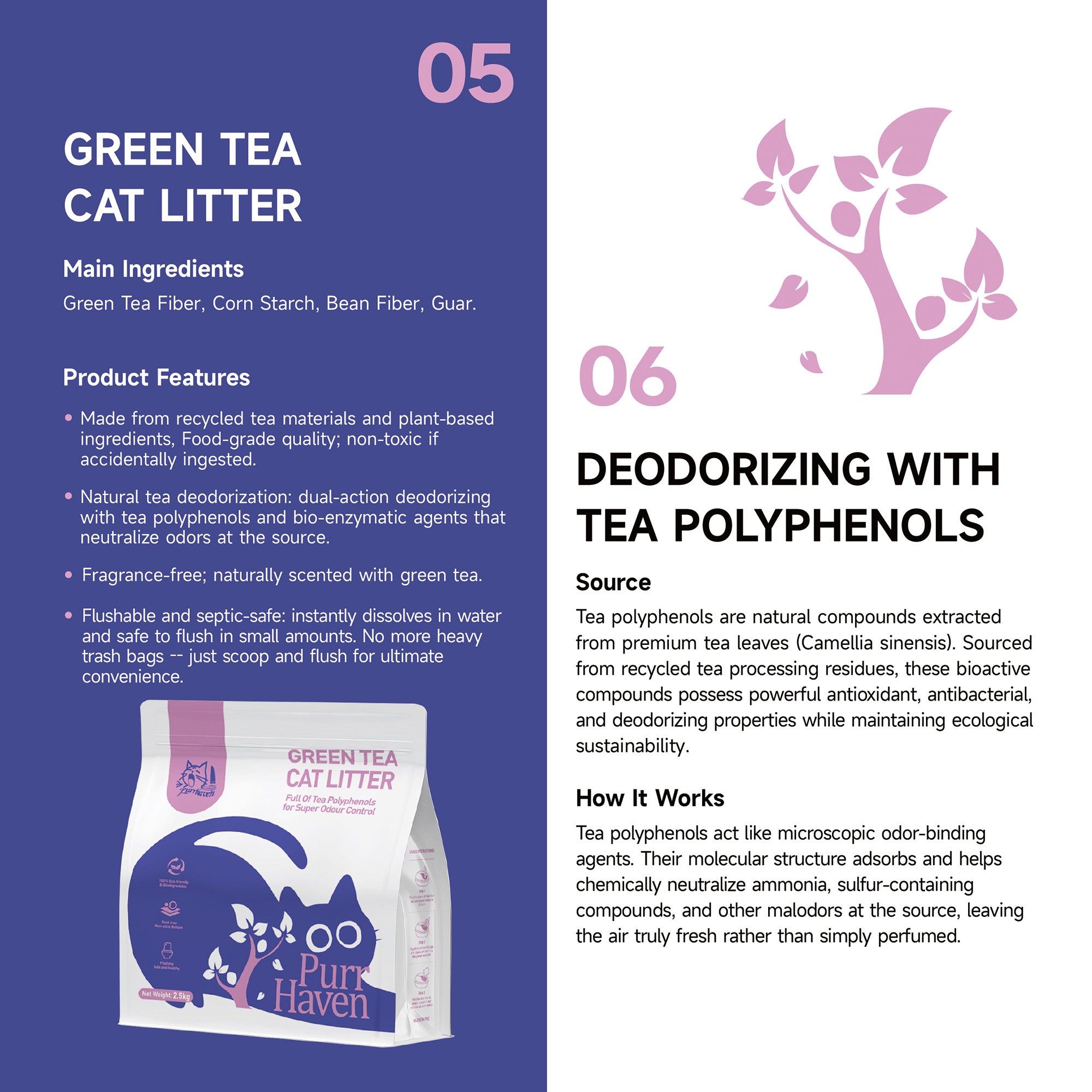 PurrHaven Green Tea Clumping Cat & Kitty Litter, 15kg 6 Pack ,Dust Free,Natural Flusable,Easy to Clean,Odour Neutraliser,Rapid Liquid Absorption,Non-Toxic Formula
