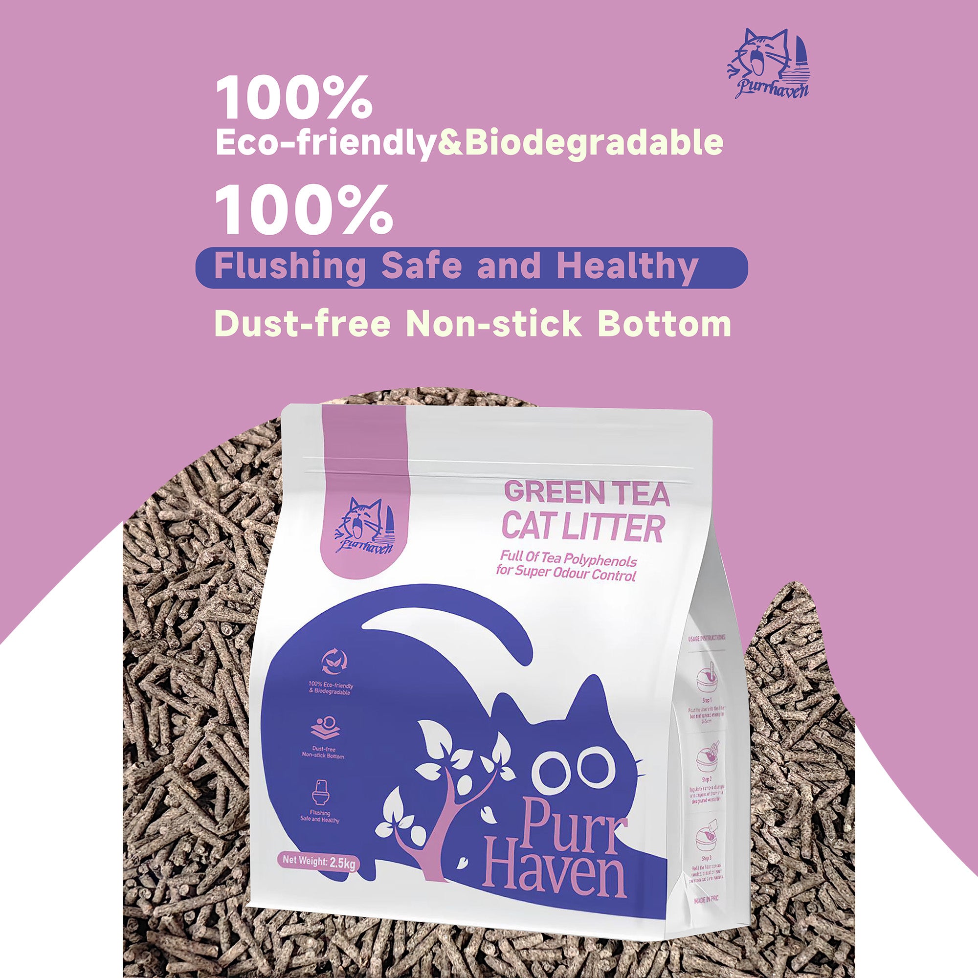PurrHaven Green Tea Clumping Cat & Kitty Litter, 30kg 12 Pack ,Dust Free,Natural Flusable,Easy to Clean,Odour Neutraliser,Rapid Liquid Absorption,Non-Toxic Formula