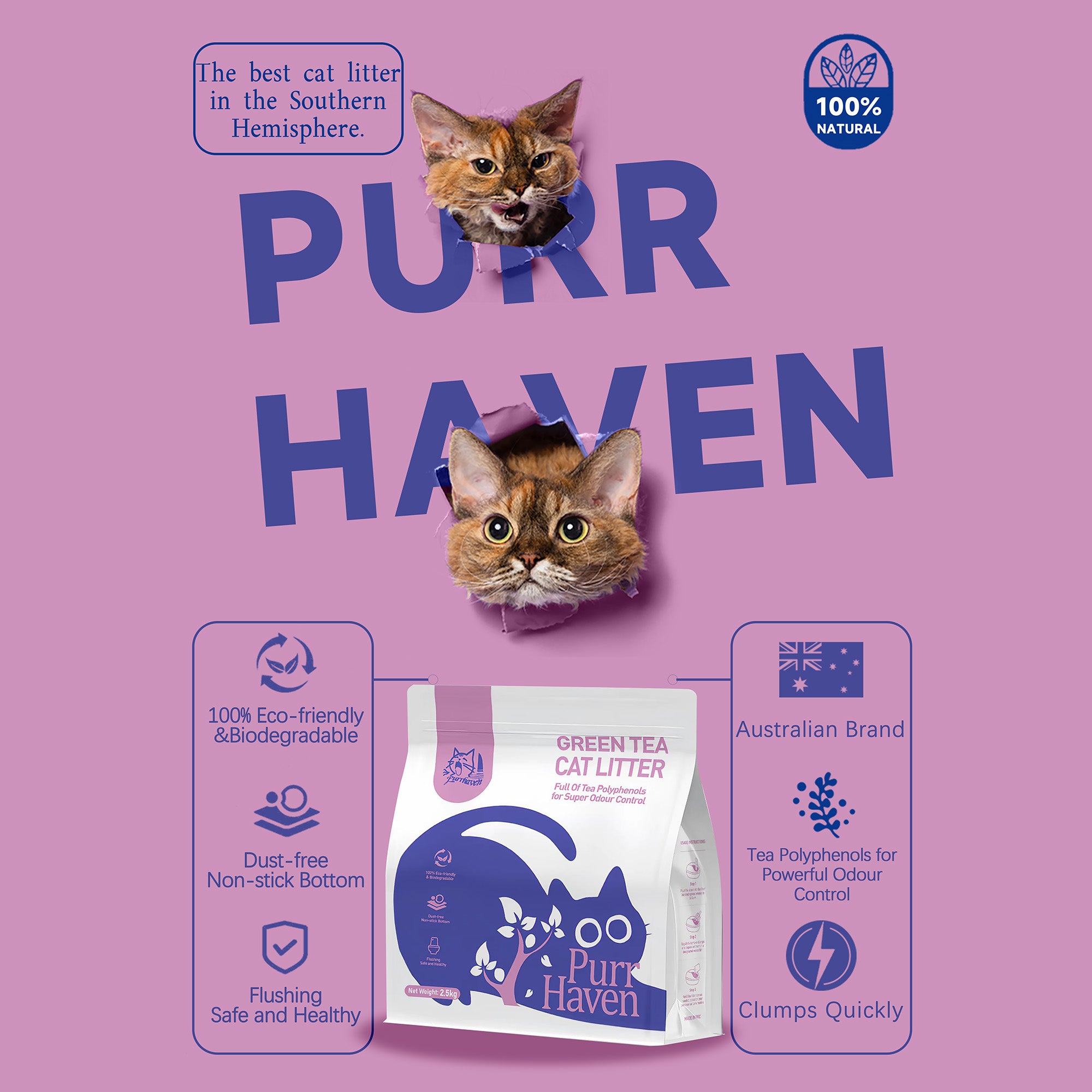 PurrHaven Green Tea Clumping Cat & Kitty Litter, 30kg 12 Pack ,Dust Free,Natural Flusable,Easy to Clean,Odour Neutraliser,Rapid Liquid Absorption,Non-Toxic Formula