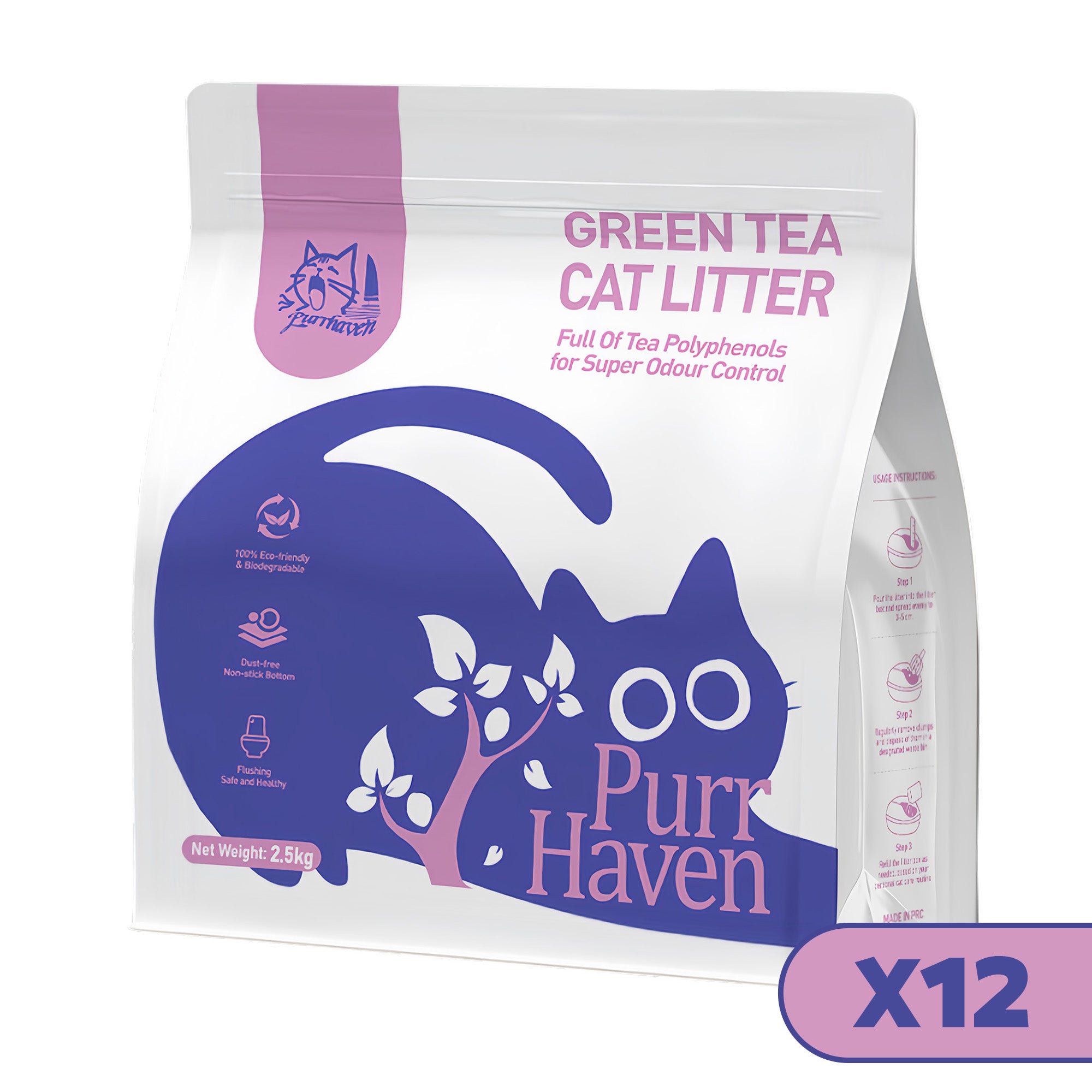 PurrHaven Green Tea Clumping Cat & Kitty Litter, 30kg 12 Pack ,Dust Free,Natural Flusable,Easy to Clean,Odour Neutraliser,Rapid Liquid Absorption,Non-Toxic Formula