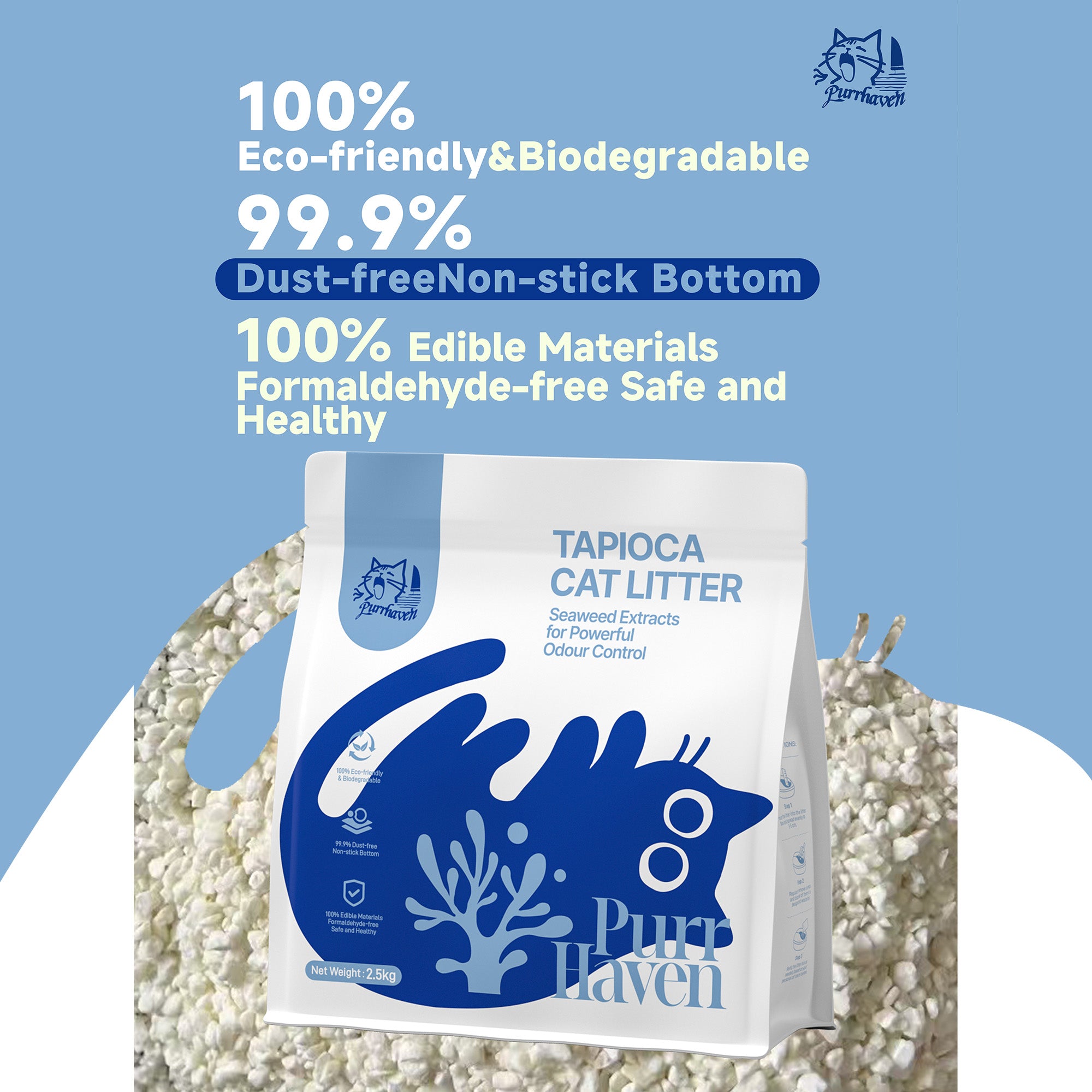 PurrHaven Tapioca Clumping Cat & Kitty Litter, 15kg 6 Pack ,Dust Free,Natural Flusable,Easy to Clean,Odour Neutraliser,Rapid Liquid Absorption,Non-Toxic Formula