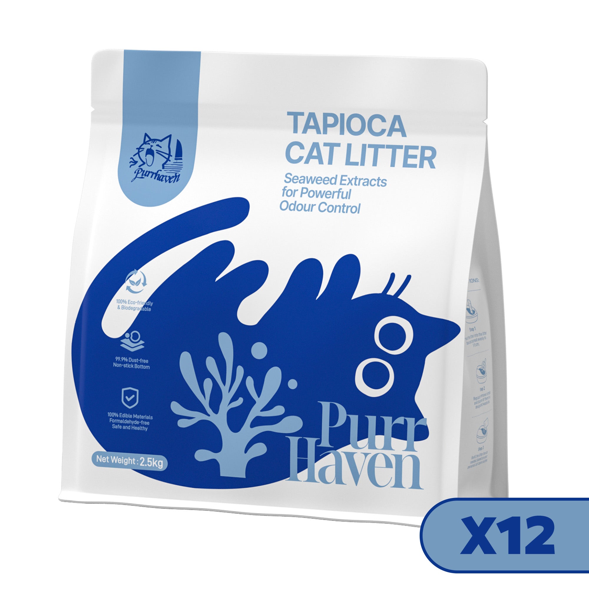 PurrHaven Tapioca Clumping Cat & Kitty Litter, 30kg 12 Pack ,Dust Free,Plant-Based,Easy to Clean,Odour Neutraliser,Rapid Liquid Absorption,Non-Toxic Formula