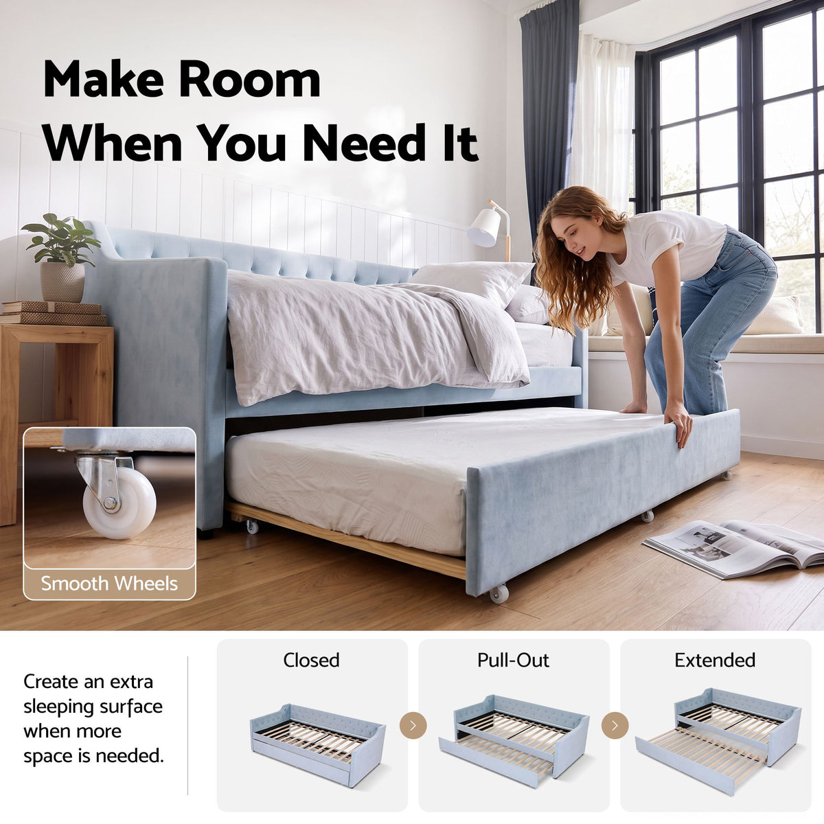 Artiss Single Buttonless Tufted Daybed Frame with Trundle, Blue