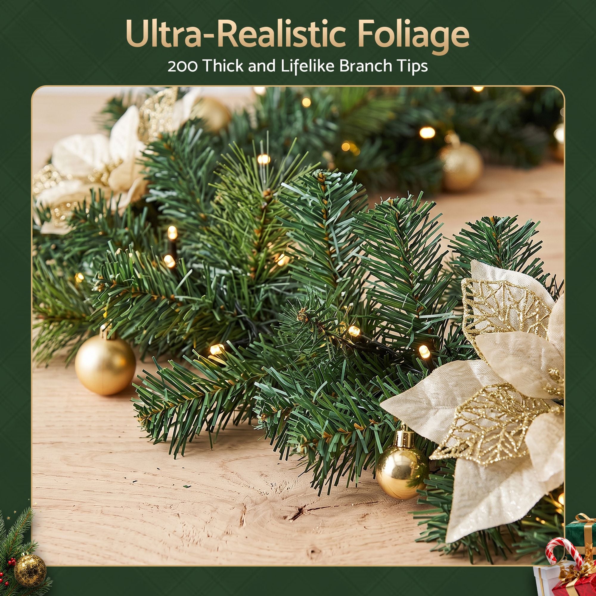 Jingle Jollys 2.7M Christmas Garland 8 Mode LEDs Timing 200 Tips Flowers Balls