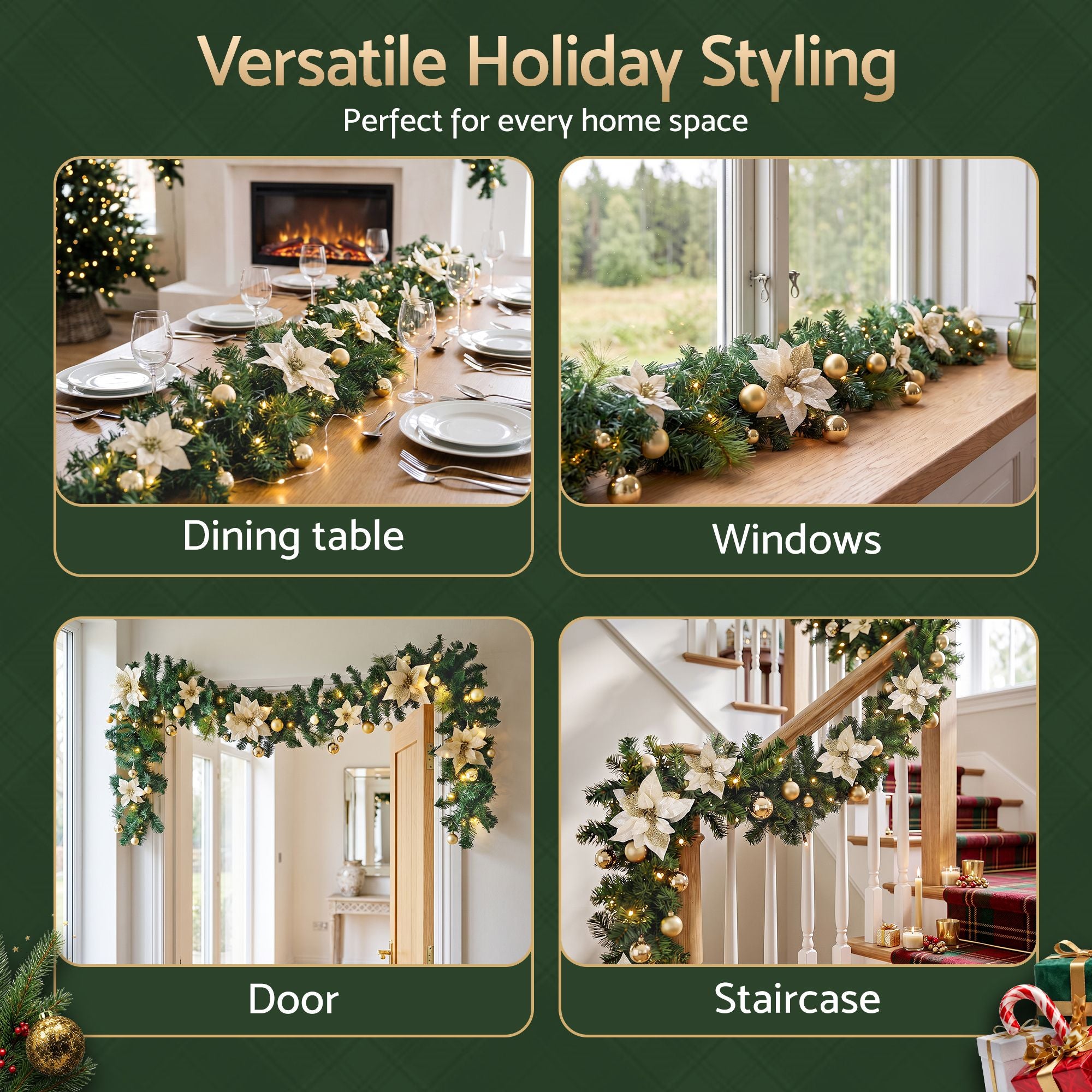 Jingle Jollys 2.7M Christmas Garland 8 Mode LEDs Timing 200 Tips Flowers Balls
