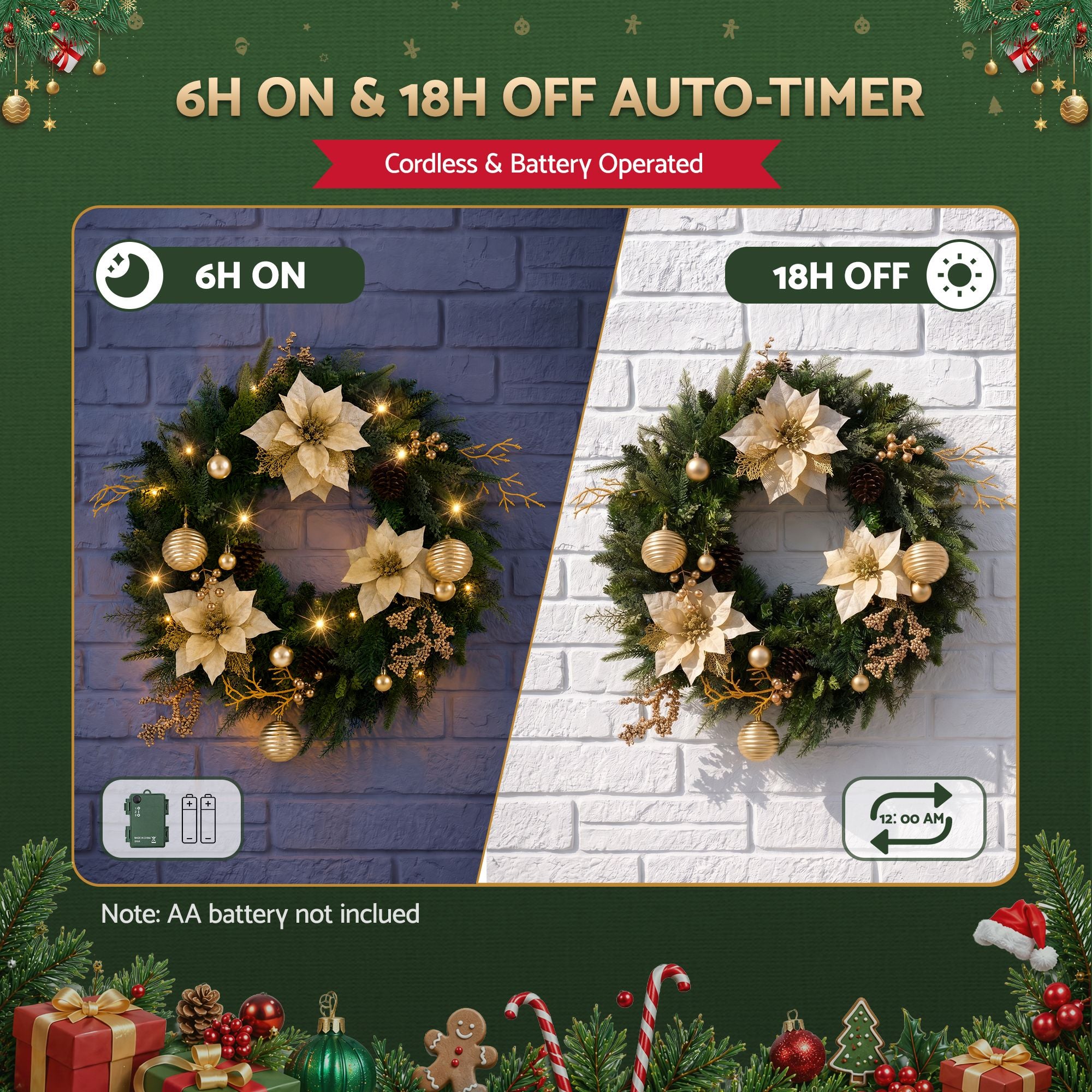 Jingle Jollys 60cm Pre-Lit Christmas Wreath LED Garlands Gold Flowers Pinecones Decor
