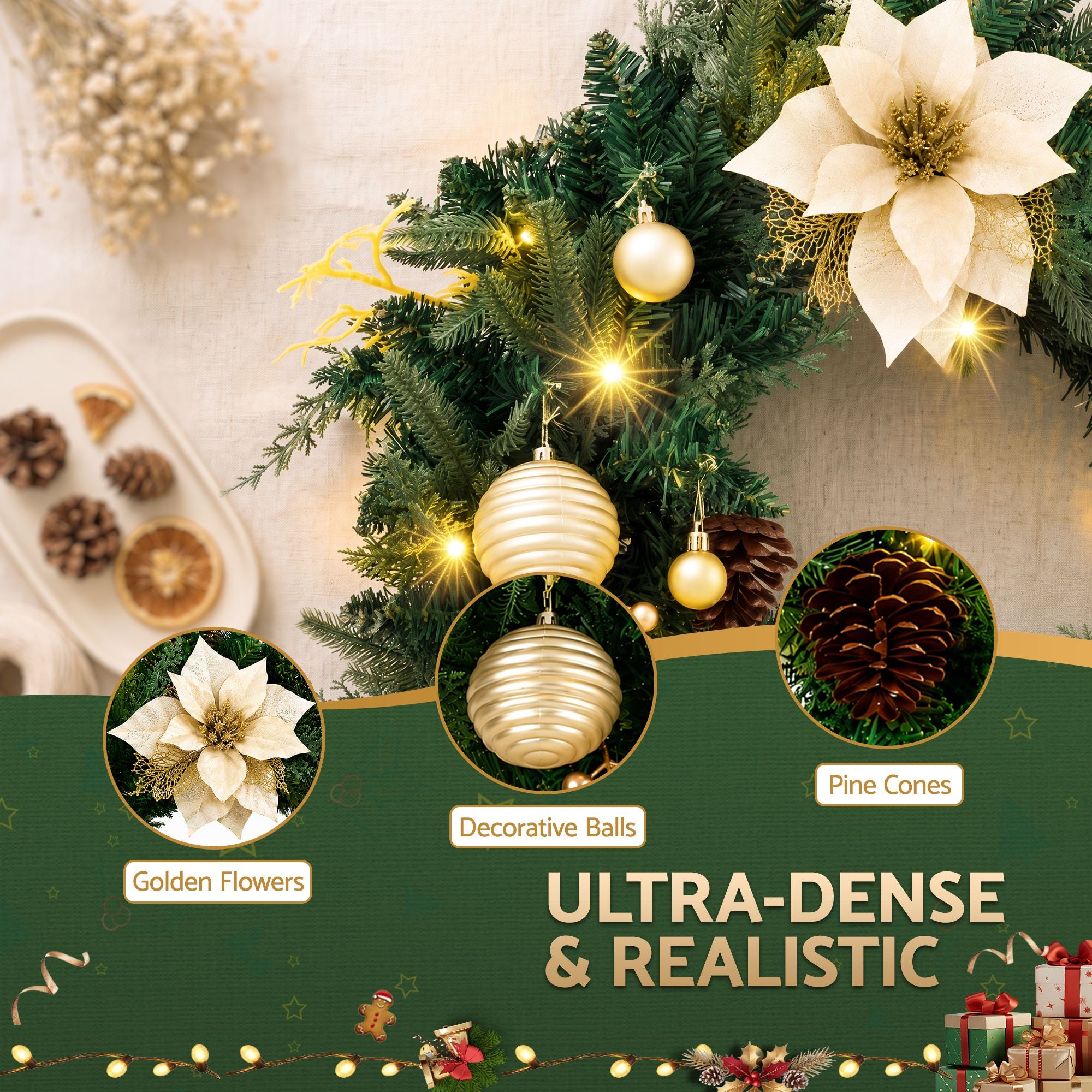 Jingle Jollys 60cm Pre-Lit Christmas Wreath LED Garlands Gold Flowers Pinecones Decor